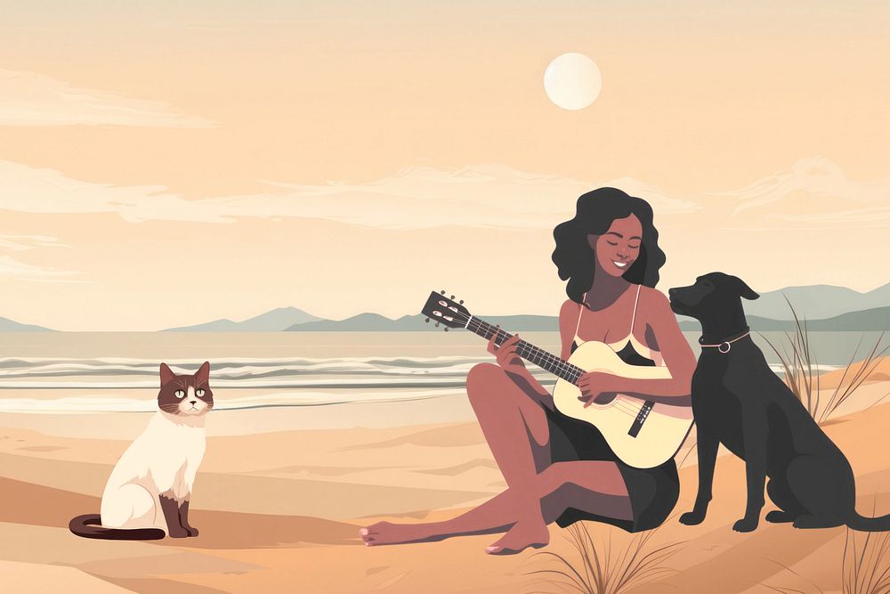 Woman playing guitar with pets, editable aesthetic  illustration remix