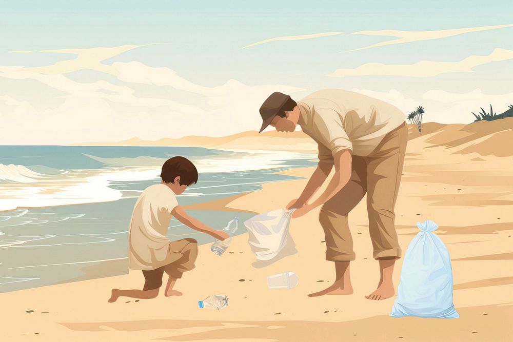 Beach cleanup volunteers, editable aesthetic  illustration remix