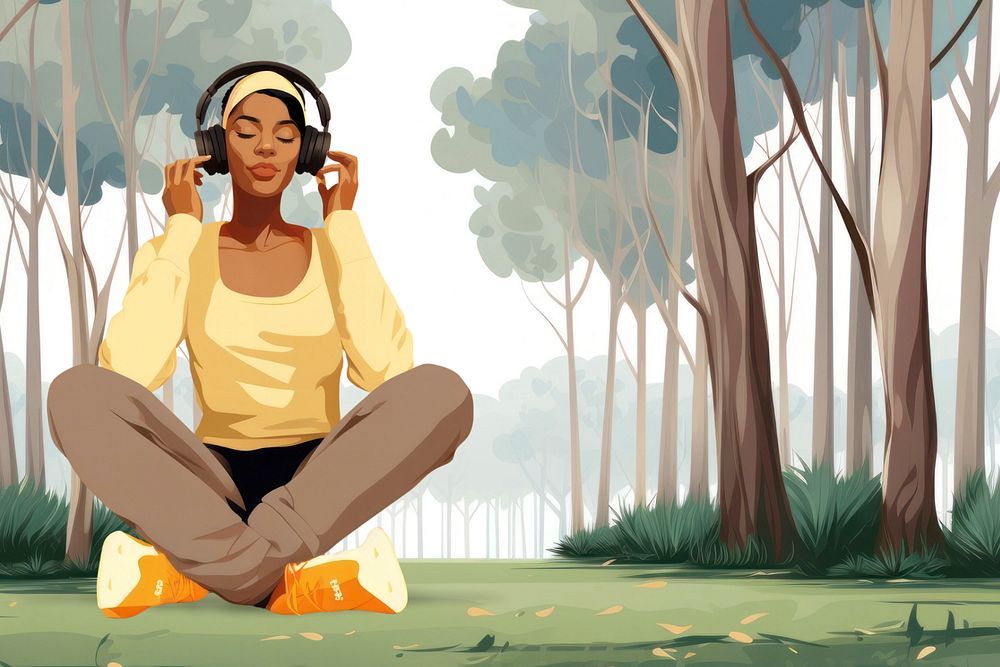 Woman wearing headphones, editable aesthetic  illustration remix