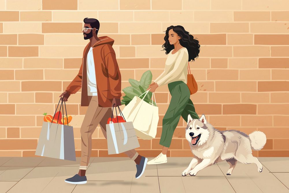 Couple grocery shopping, editable aesthetic  illustration remix