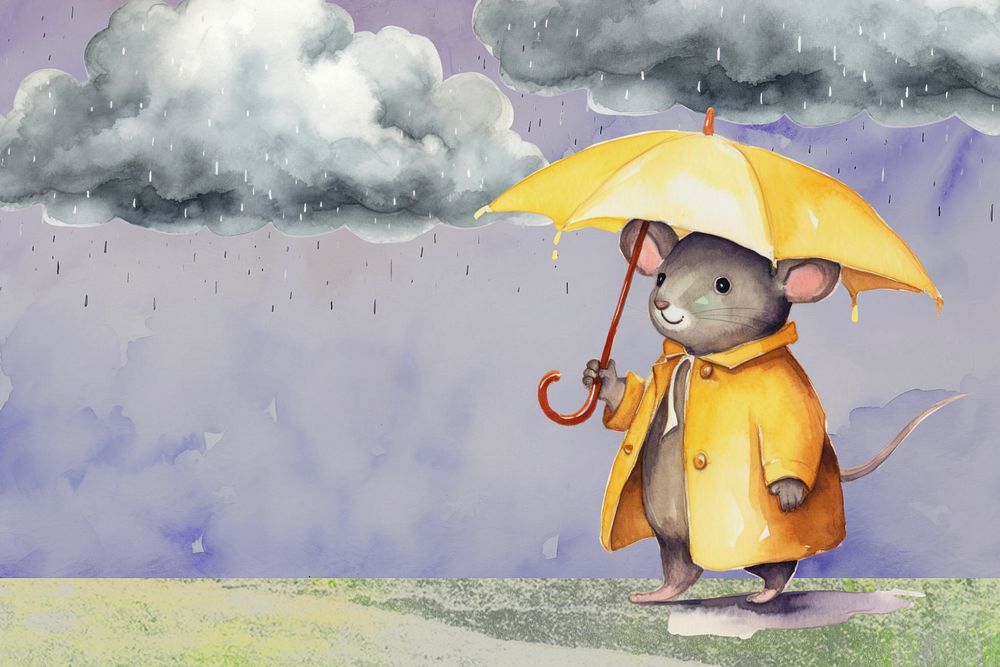 Watercolor rainy season background, rat holding umbrella illustration, editable remix