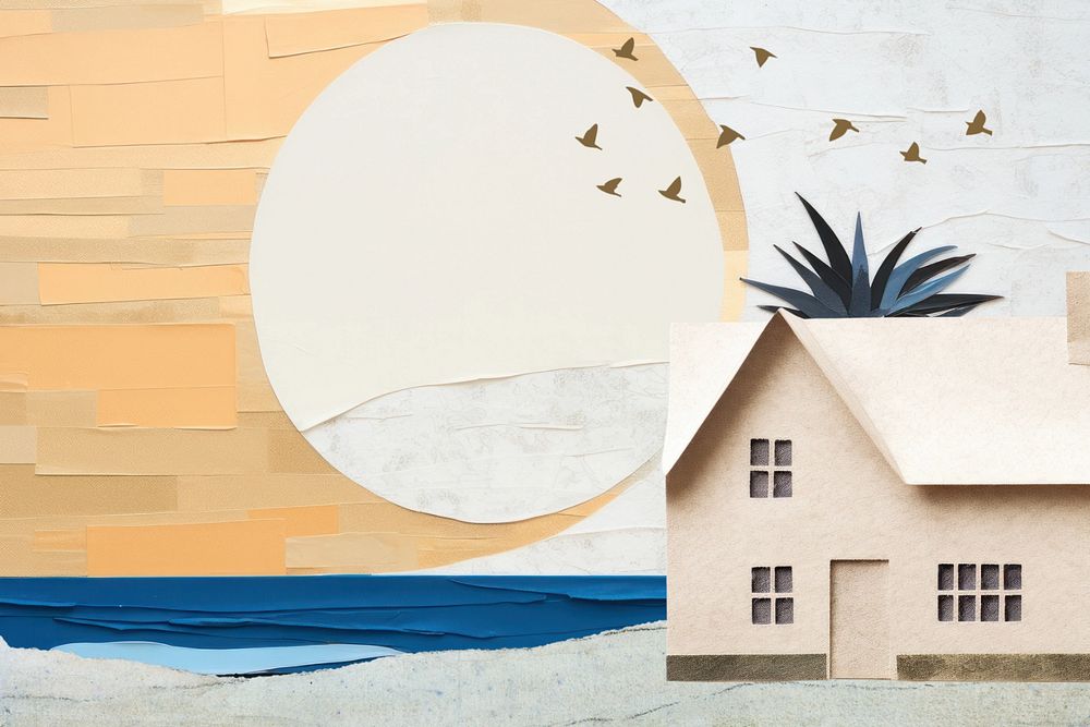 House by the sea,  editable  paper craft collage