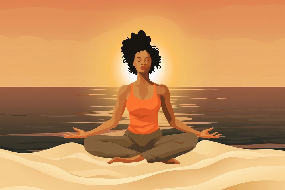 Yoga woman, meditation by the beach,  editable aesthetic  illustration