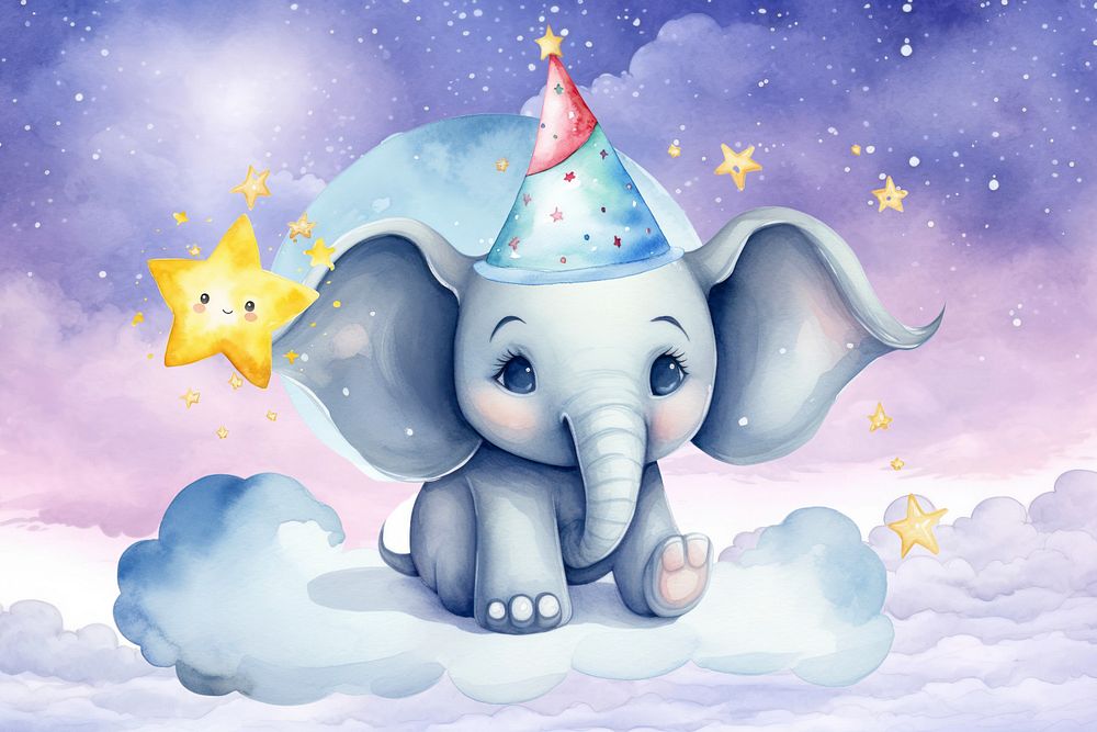 Cute little elephant cartoon, watercolor illustration, editable remix