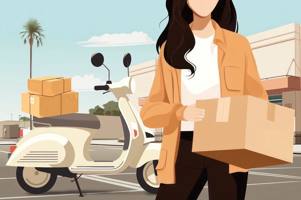 Parcel delivery person, editable aesthetic  illustration remix