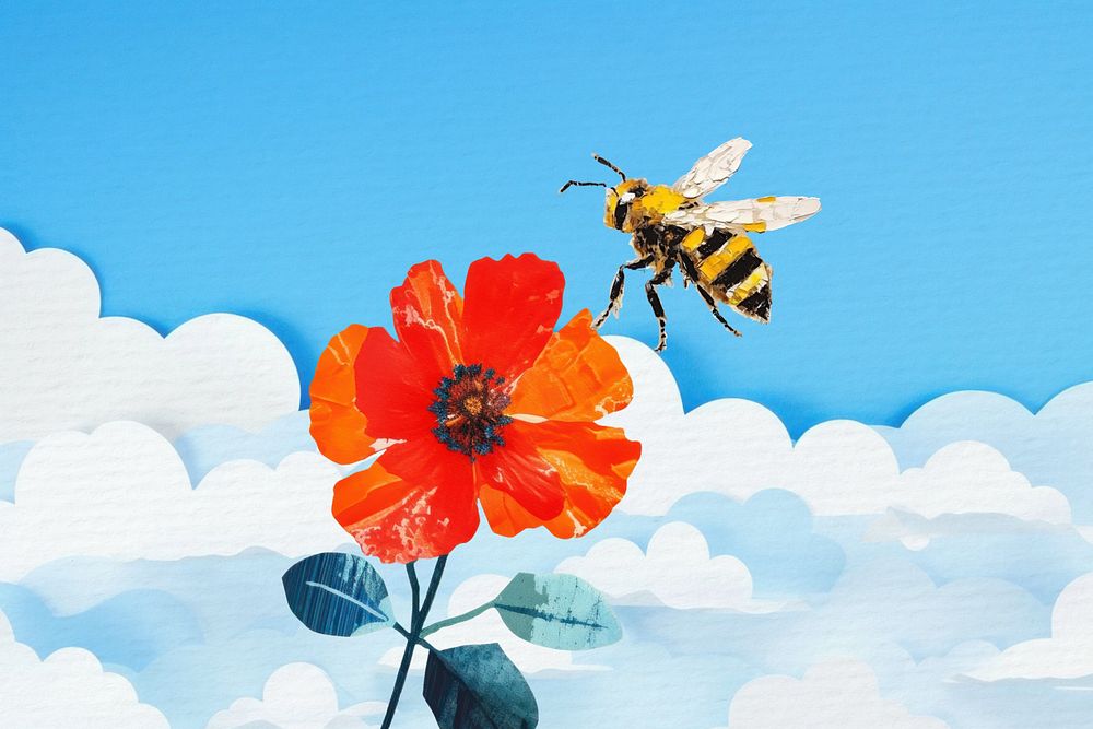 Bee on flower, nature,  editable  paper craft collage