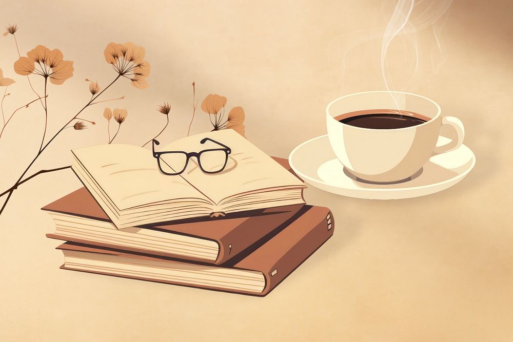 Books and coffee, hobby, editable aesthetic  illustration remix