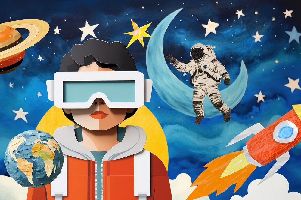 Person wearing VR, galaxy aesthetic,  editable  paper craft collage