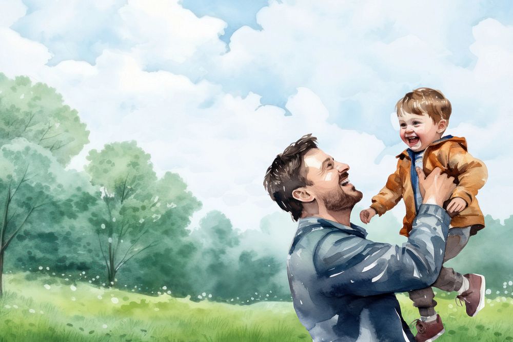 Father playing with toddler son, watercolor illustration, editable remix