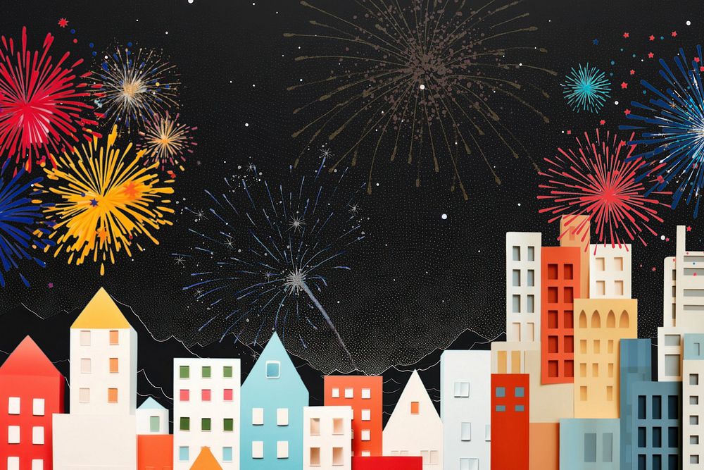 Cityscape and celebration fireworks,  editable  paper craft collage