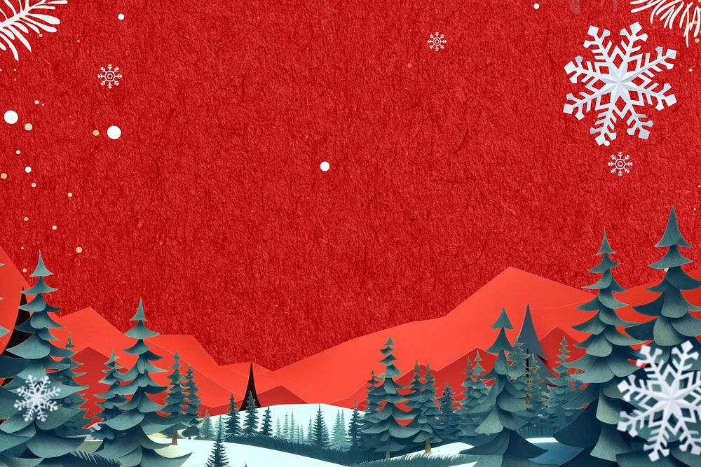 Red pine forest, Christmas landscape,  editable  paper craft collage