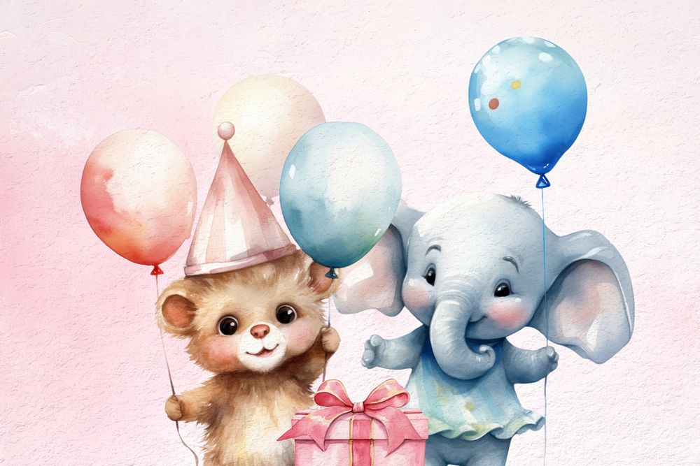 Cute birthday elephant and bear cartoon, watercolor illustration, editable remix