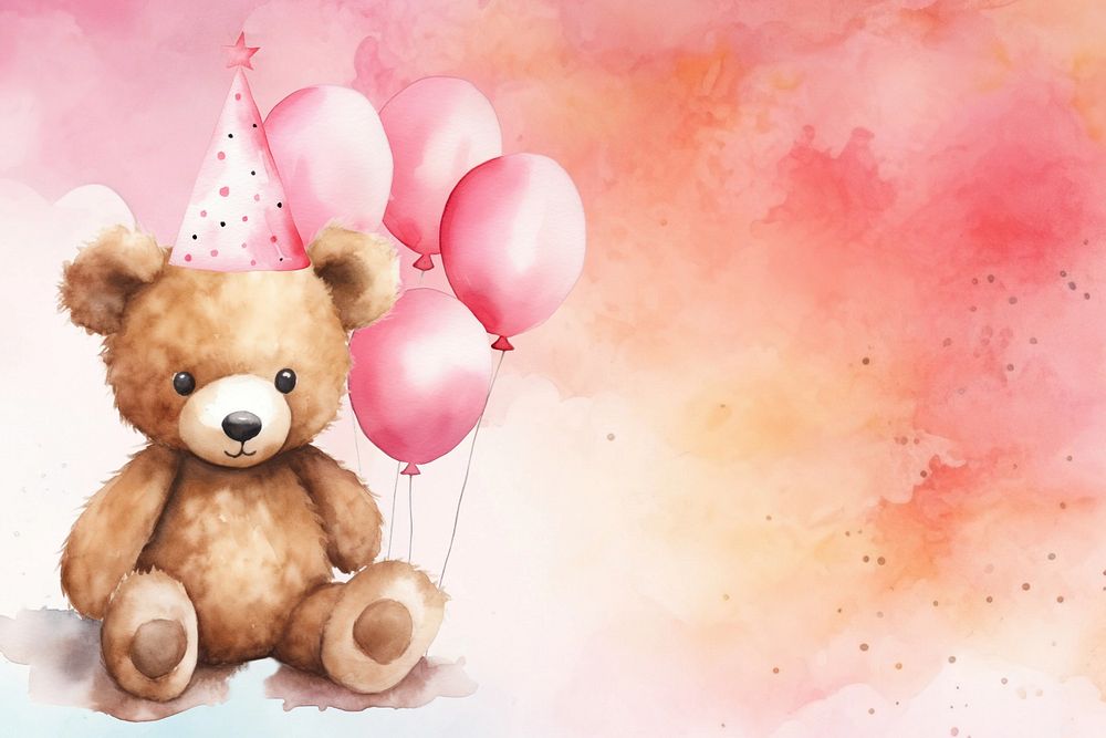 Birthday teddy bear background, pink watercolor illustration, editable remix