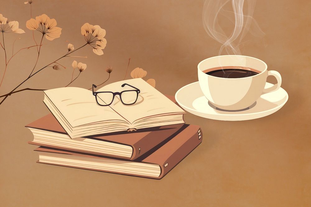 Books and coffee, hobby, editable aesthetic  illustration remix