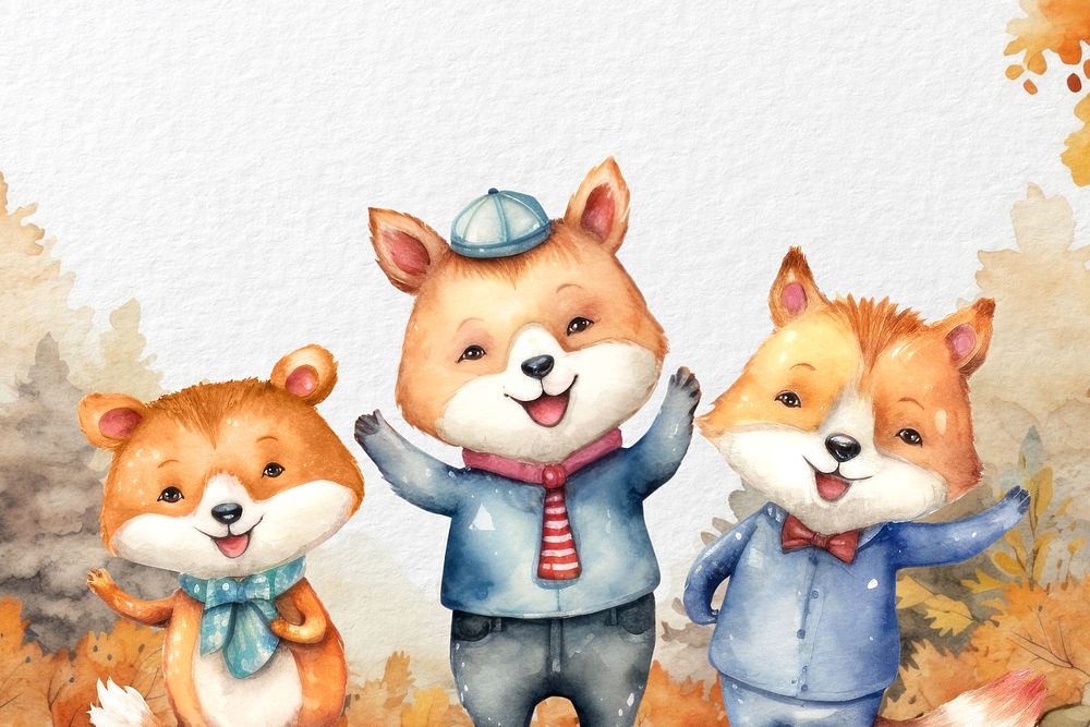 Cute fox students cartoon, watercolor illustration, editable remix