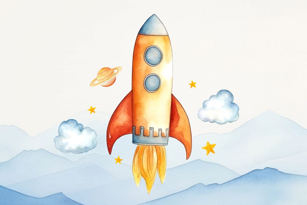 Launching rocket, watercolor illustration, editable remix