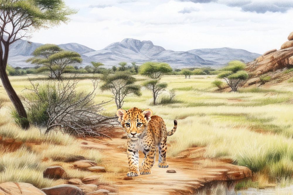 Little tiger in the wild, watercolor illustration, editable remix