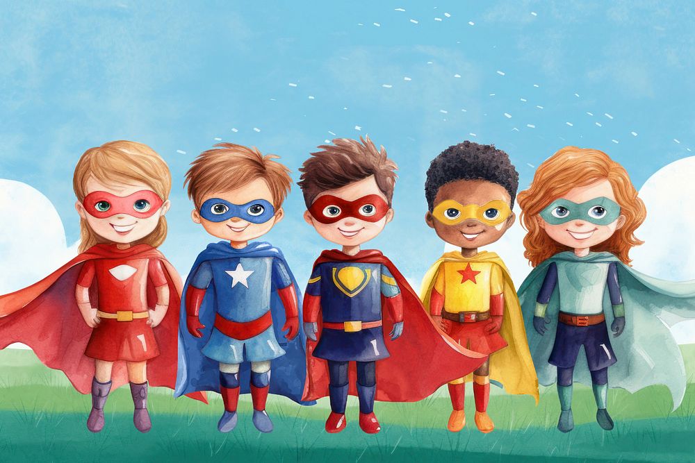 Colorful & diverse kid superheroes, watercolor illustration, editable remix