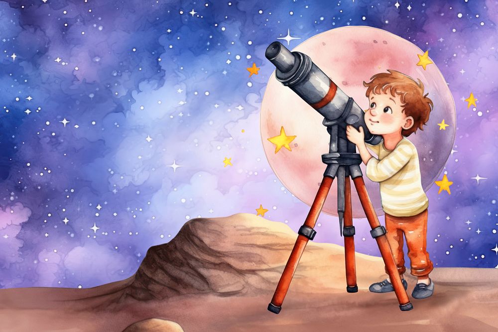 Boy using astronomical telescope, watercolor illustration, editable remix