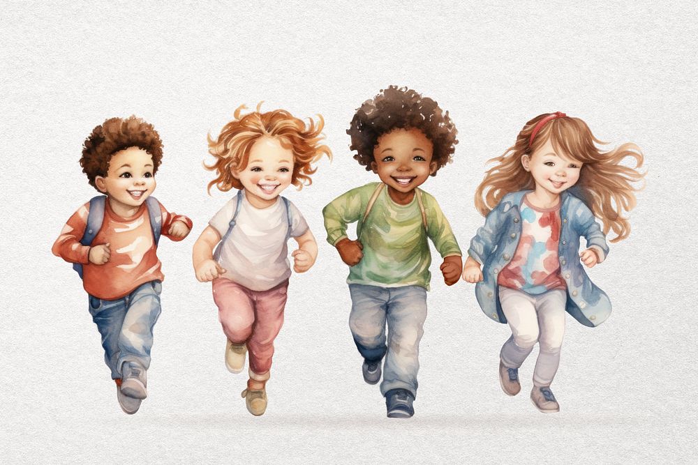 Diverse students after school, watercolor illustration, editable remix