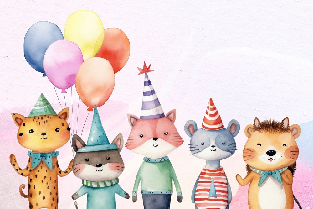 Cute animal birthday party cartoon, watercolor illustration, editable remix