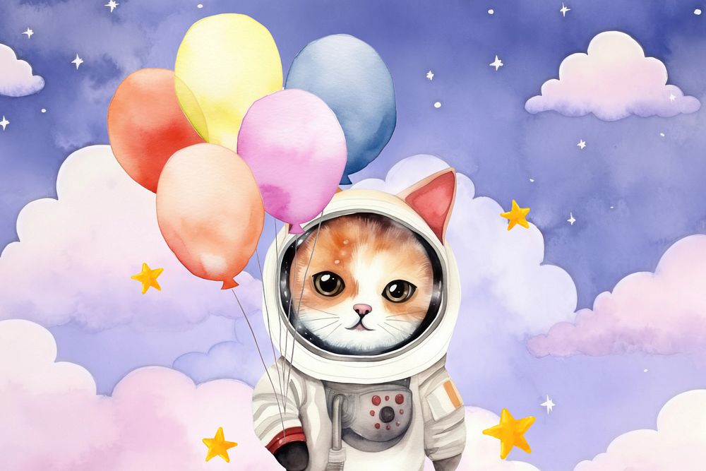 Floating cat astronaut, watercolor illustration, editable remix