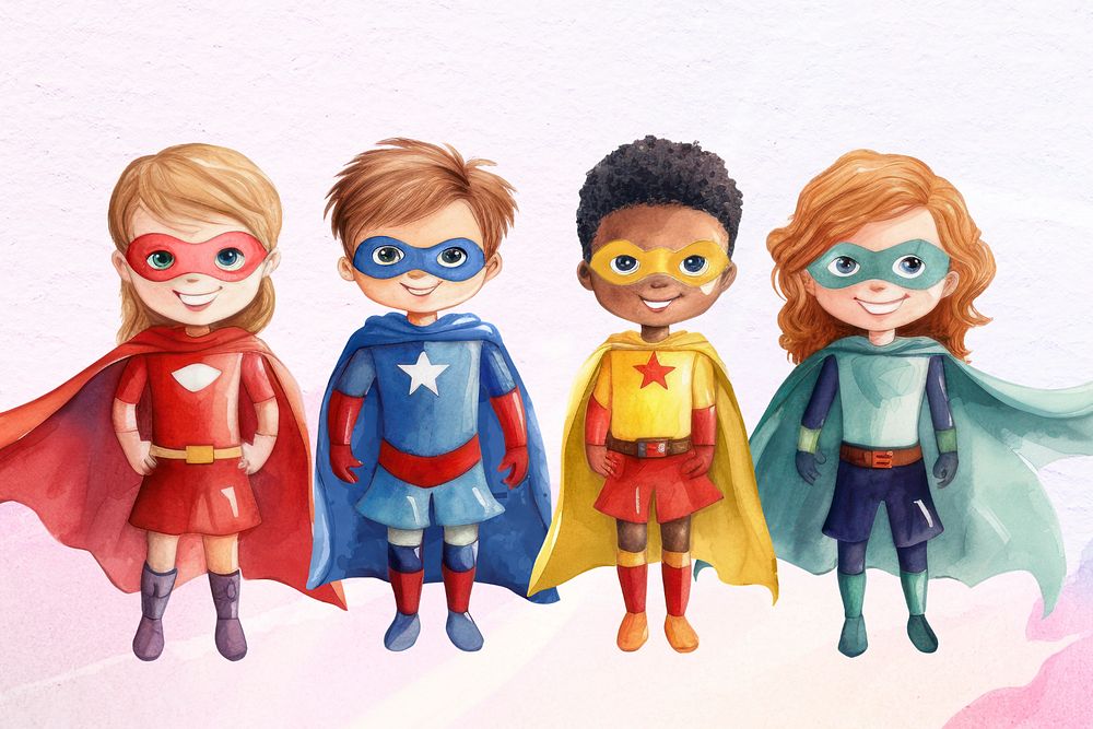 Colorful & diverse kid superheroes, watercolor illustration, editable remix