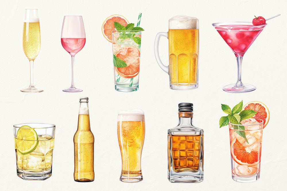 Editable alcoholic drink, food digital art set