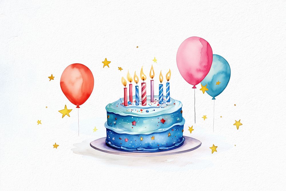 Blue birthday cake, watercolor illustration, editable remix