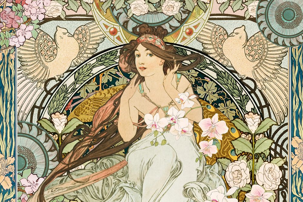 Alphonse Mucha's Music, floral woman art nouveau illustration. Remixed by rawpixel.