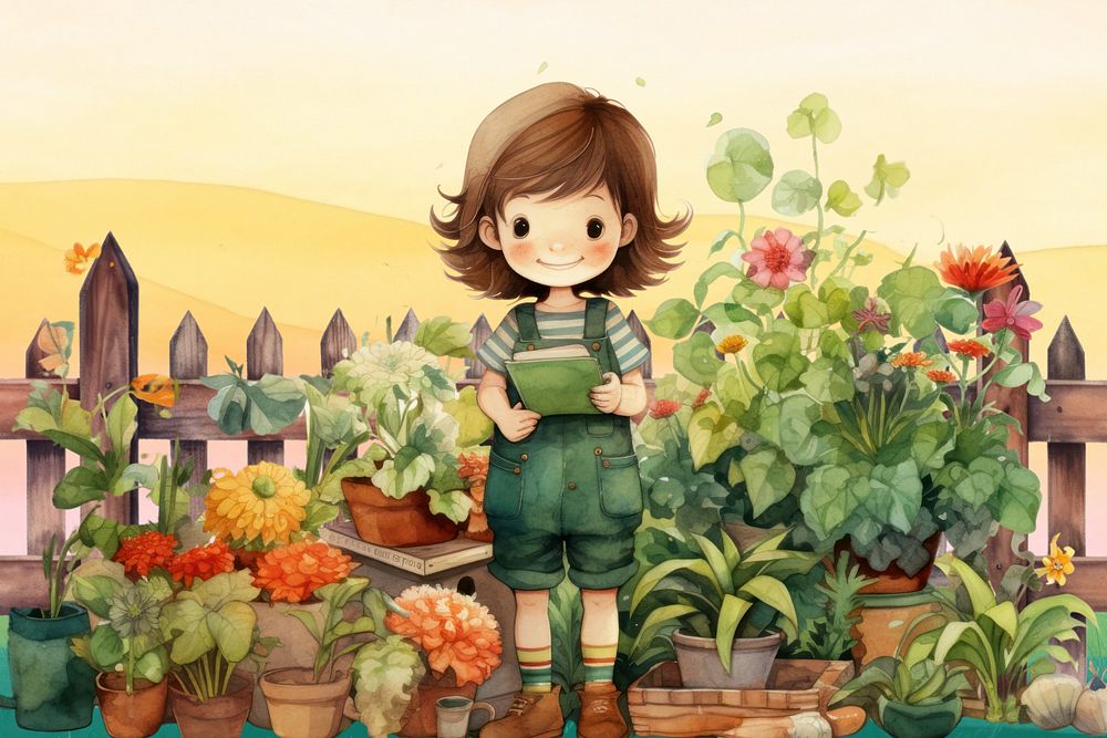 Little girl in garden, watercolor illustration, editable remix