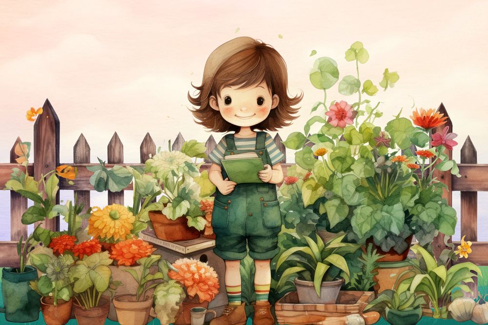 Little girl in garden, watercolor illustration, editable remix