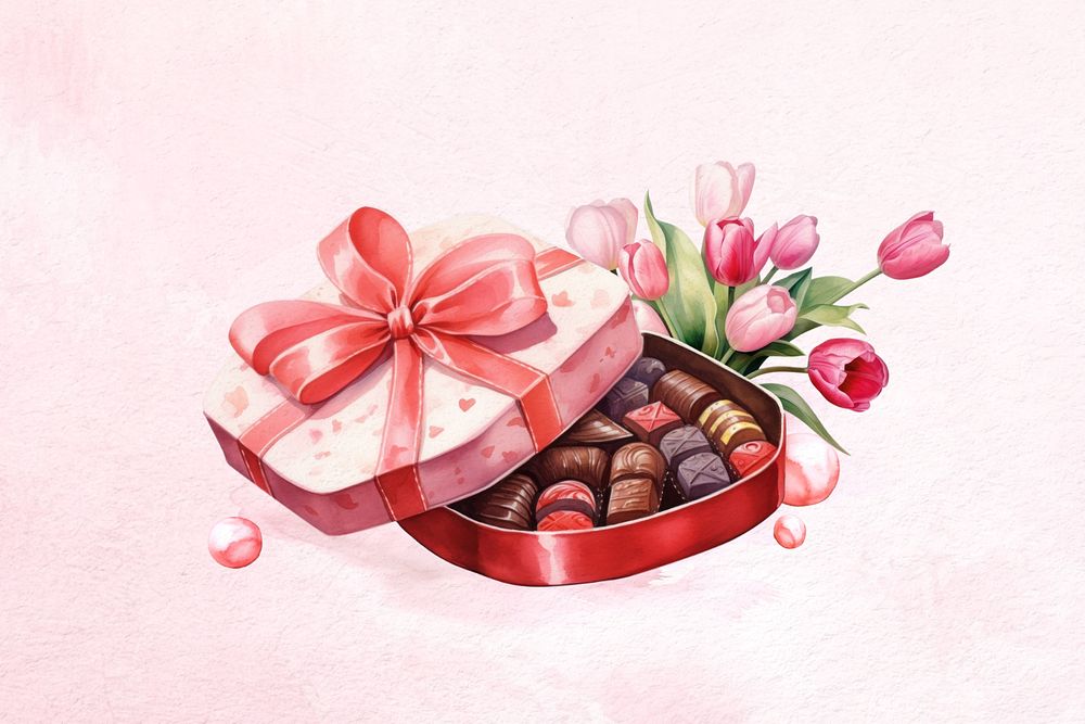 Valentine's chocolate box, watercolor illustration, editable remix