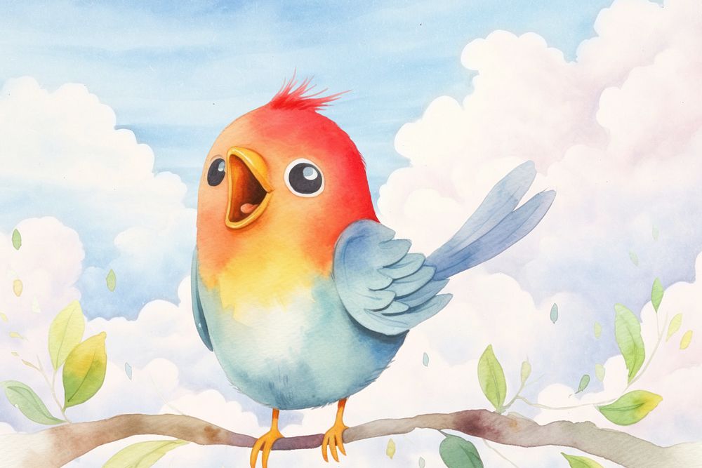 Cartoon singing bird watercolor animal character illustration, editable design