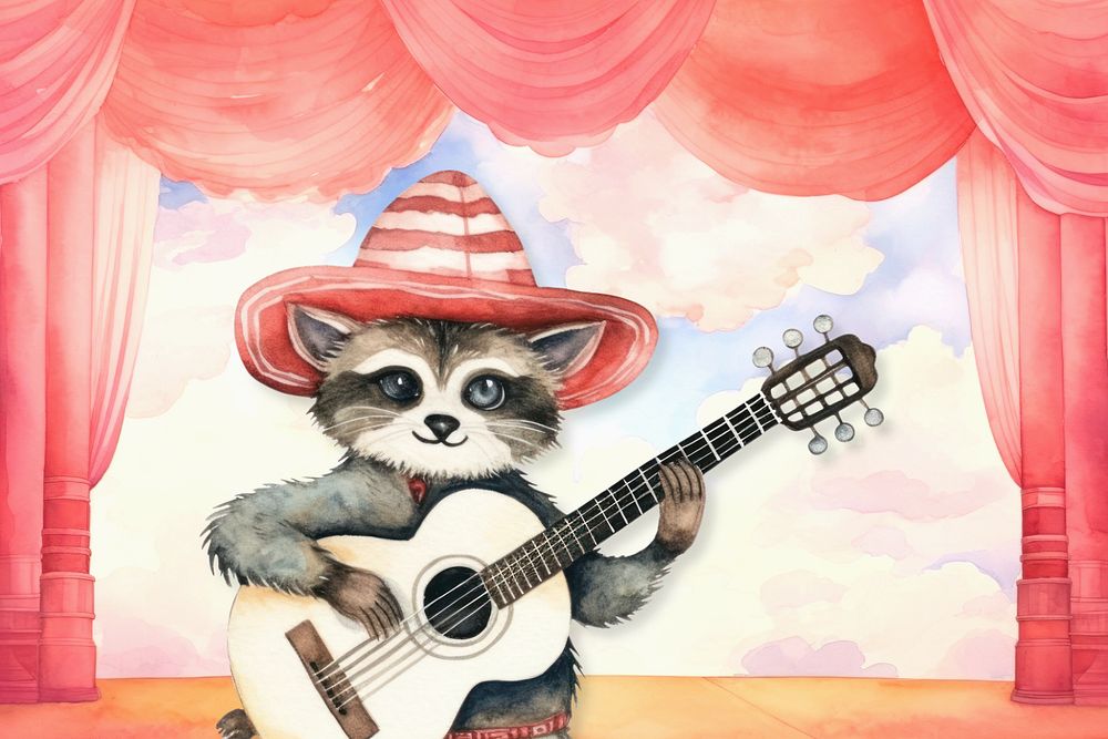 Cartoon raccoon musician watercolor animal character illustration, editable design