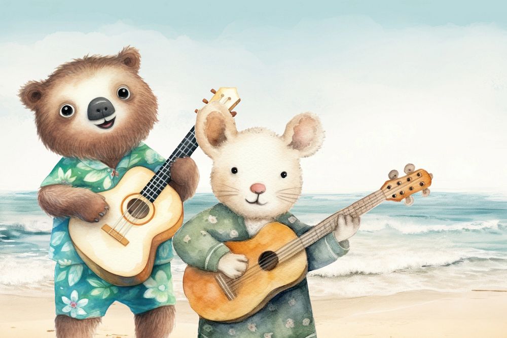 Cartoon guitarist watercolor animal character illustration, editable design