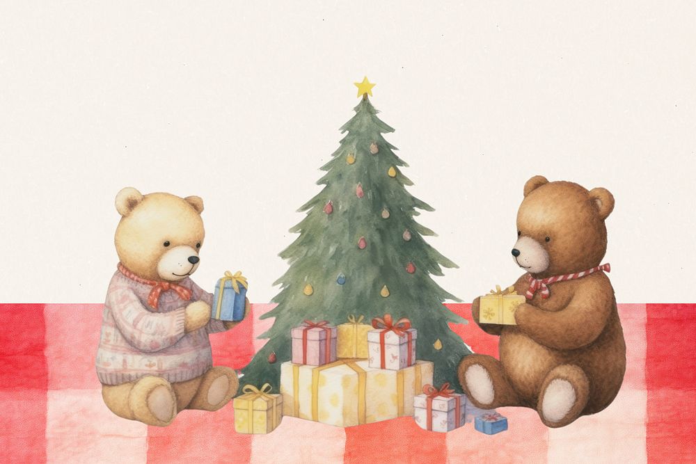 Cartoon Christmas unboxing watercolor animal character illustration, editable design