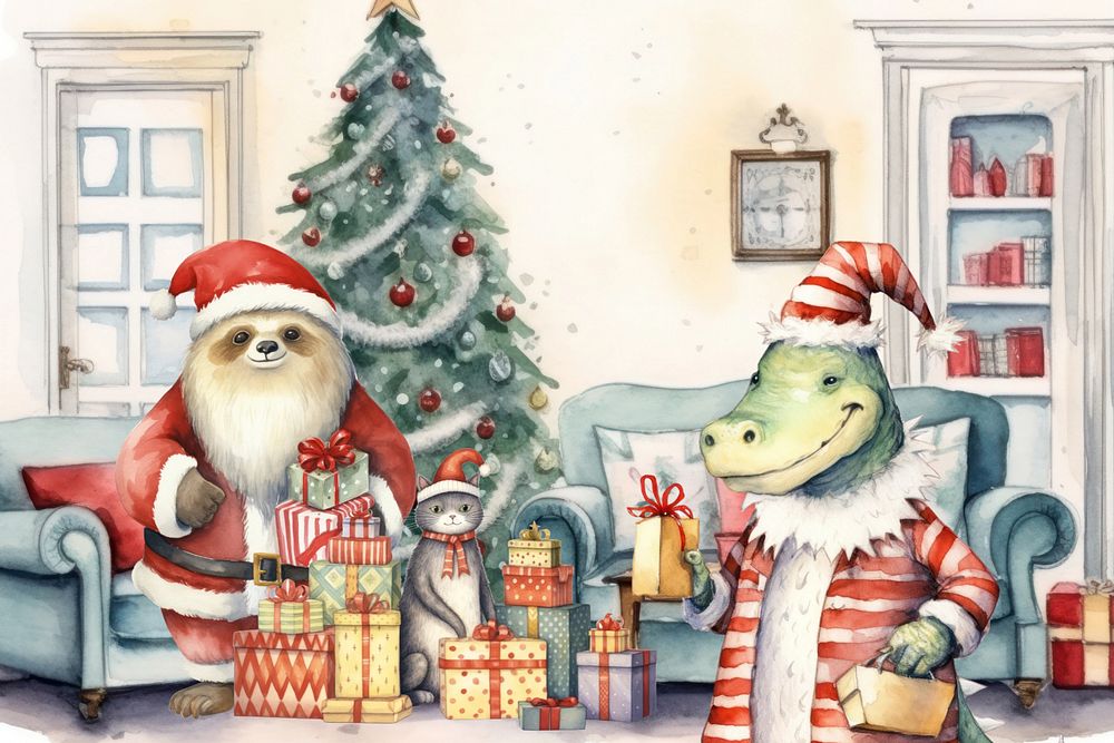 Cartoon Christmas Santa watercolor animal character illustration, editable design