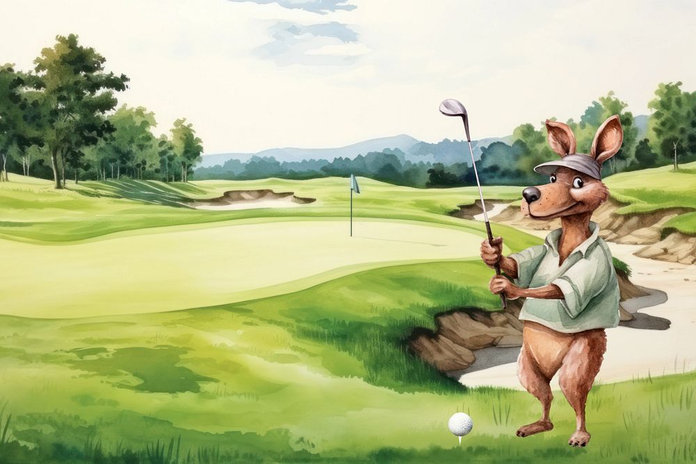 Cartoon kangaroo golfer watercolor animal character illustration, editable design