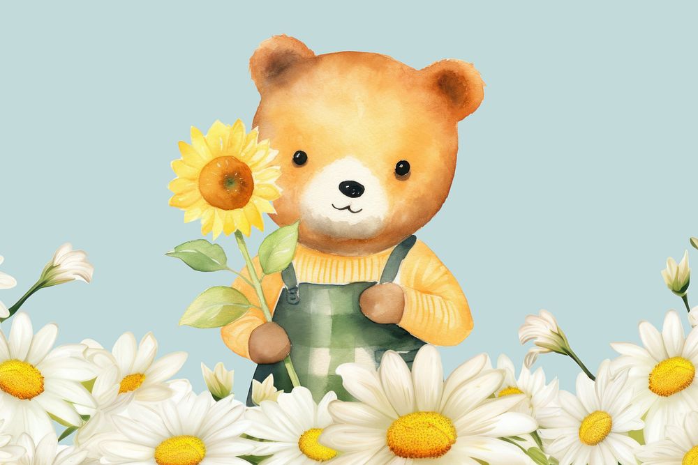 Cartoon bear flower watercolor animal character illustration, editable design