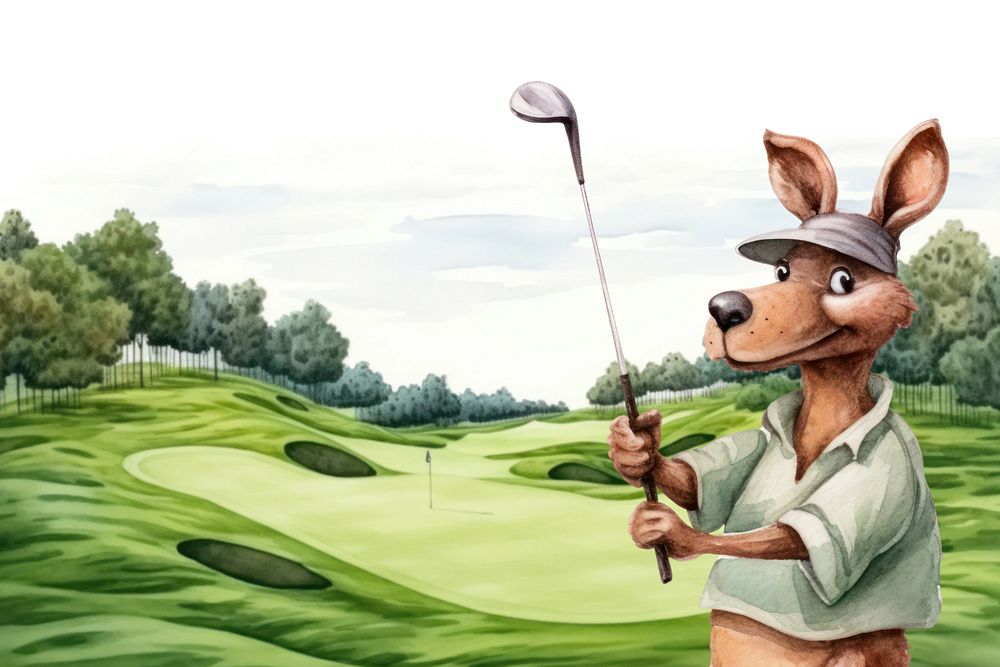 Cartoon kangaroo golfer watercolor animal character illustration, editable design