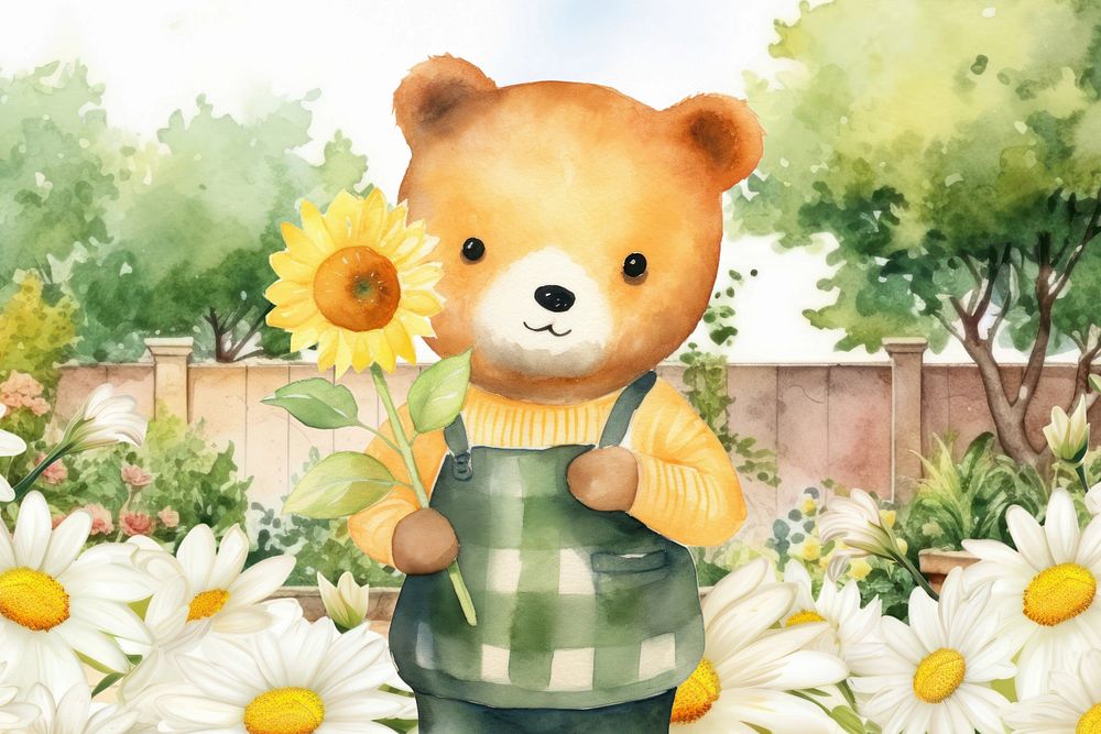 Cartoon bear flower watercolor animal character illustration, editable design