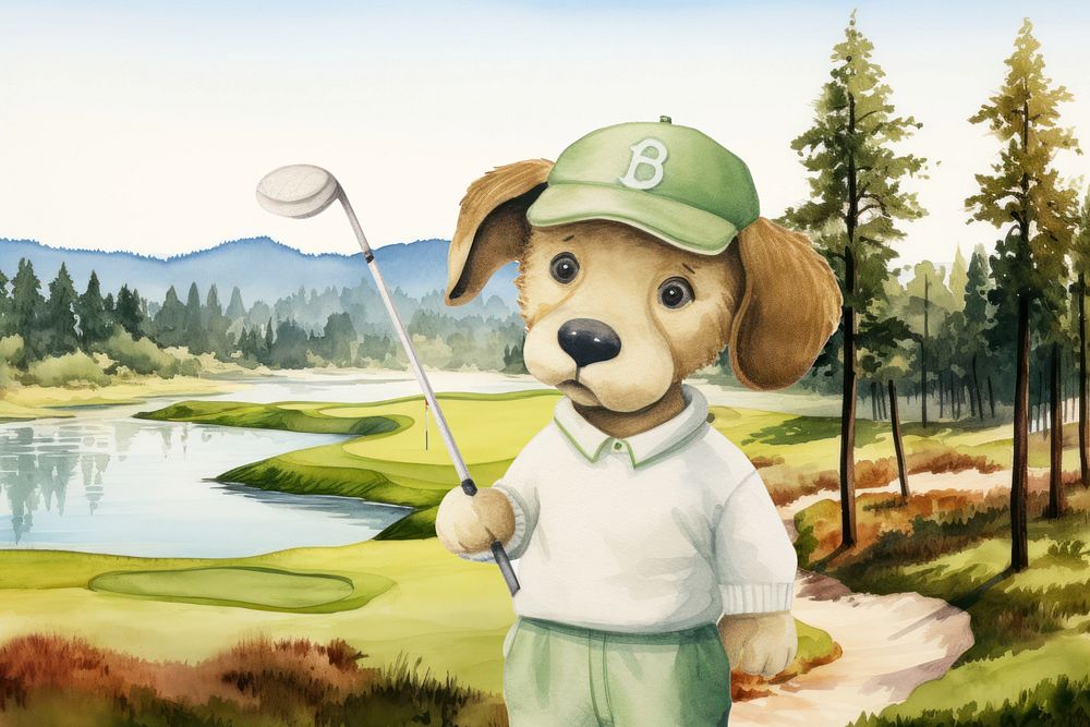 Cartoon dog golfer watercolor animal character illustration, editable design