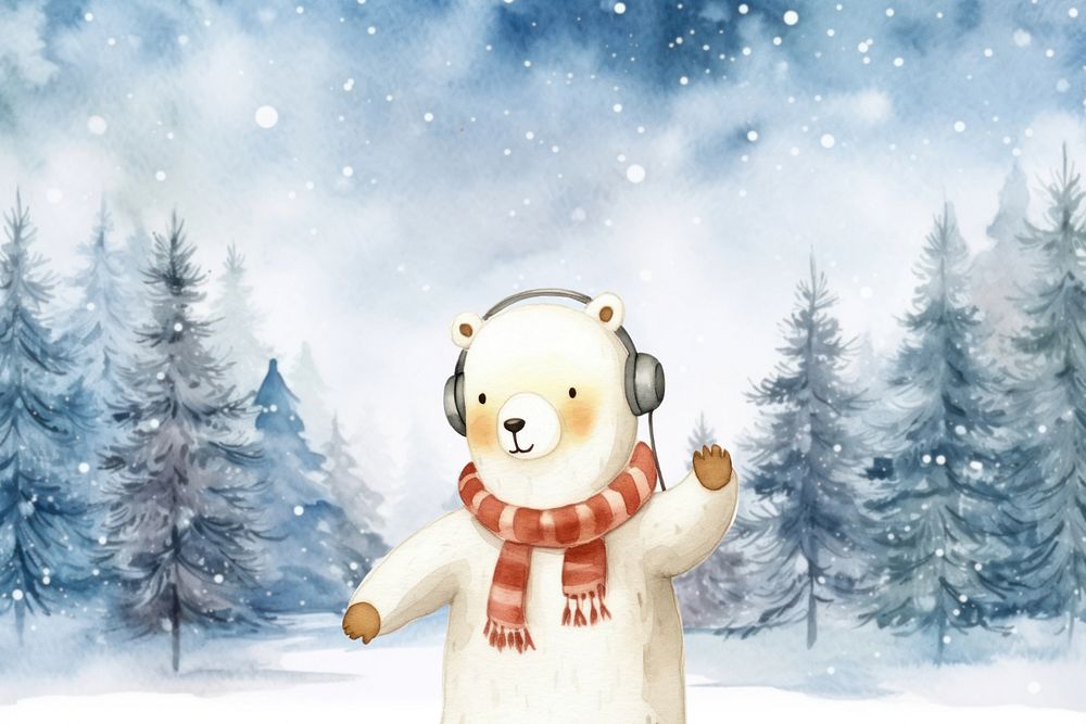 Cartoon polar bear music watercolor animal character illustration, editable design