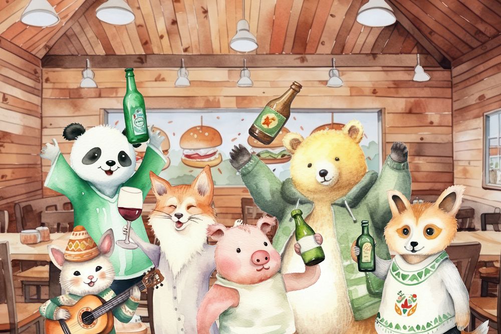 Cartoon partying watercolor animal character illustration, editable design