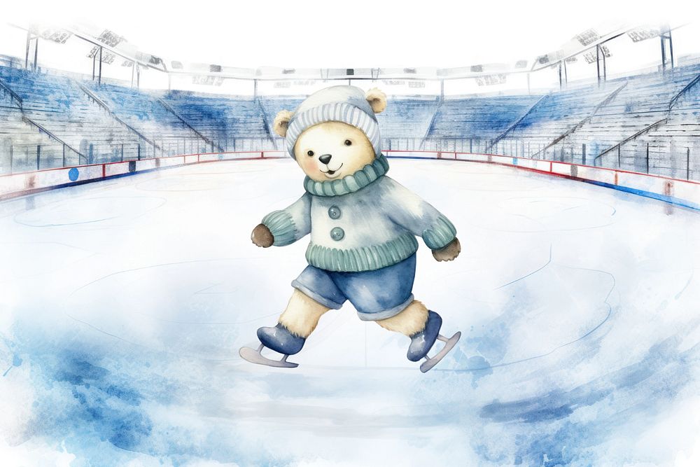 Cartoon bear ice skater watercolor animal character illustration, editable design