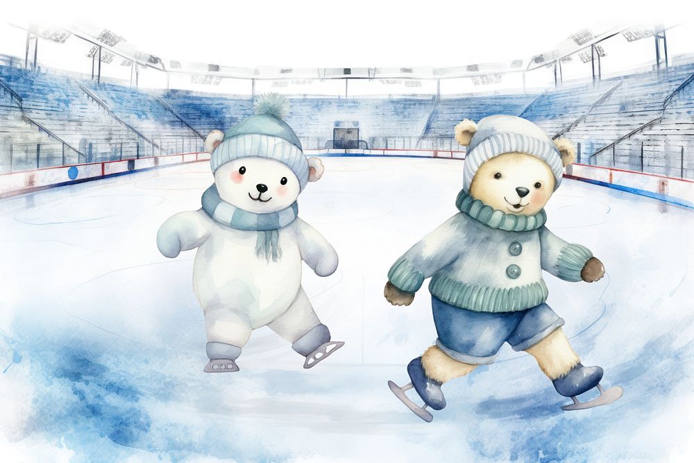 Cartoon bear ice skater watercolor animal character illustration, editable design