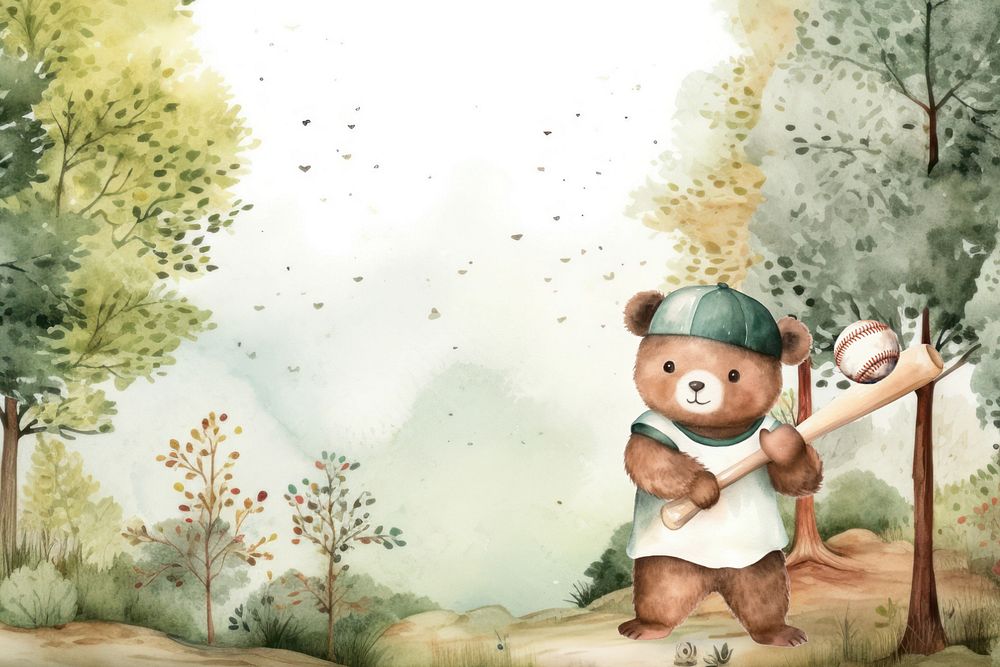 Cartoon bear baseball player watercolor animal character illustration, editable design