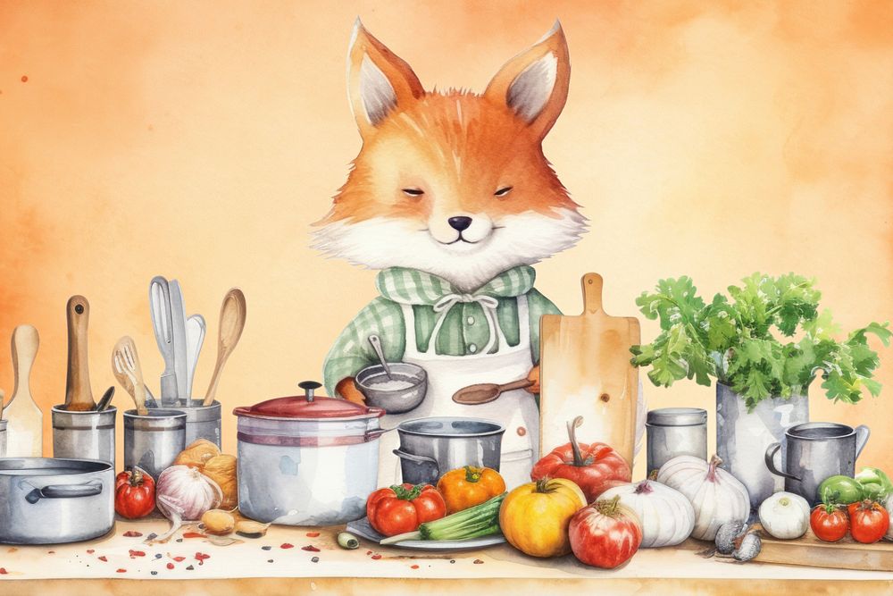 Cartoon fox chef watercolor animal character illustration, editable design