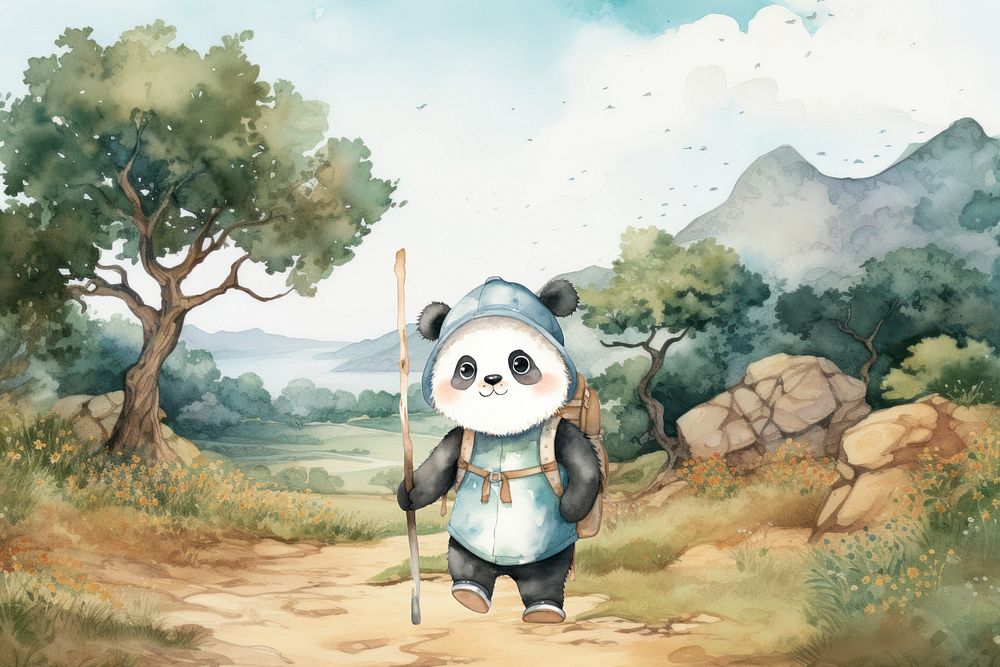 Cartoon panda trekking watercolor animal character illustration, editable design